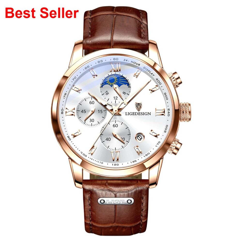 Leather Strap Chronograph Watch With Moon Phase And Date Display